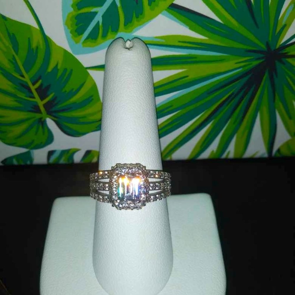 Emerald cut halo CZ ring